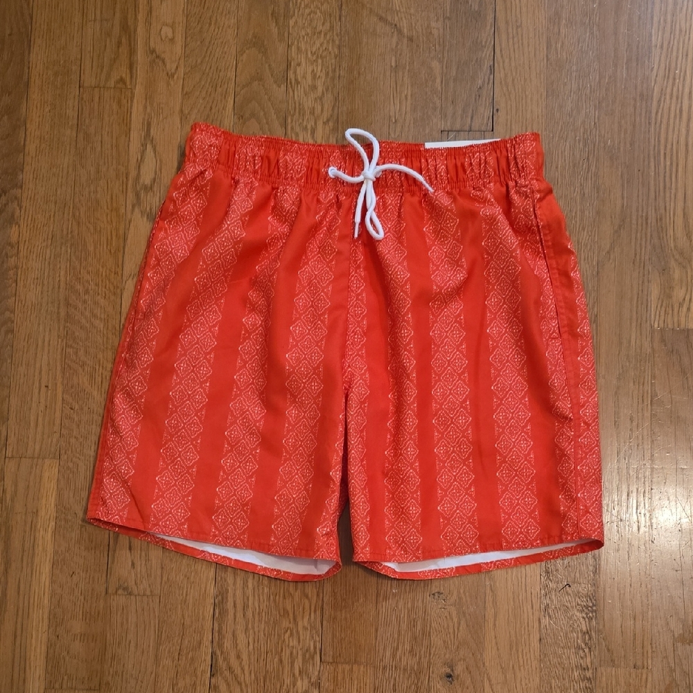 ARIZONA JEAN CO BRAND MENS ORANGE "MANDERINE" RED STRIPE SWIM SHORTS SIZE MEDIUM